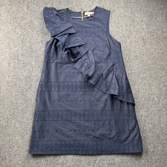 Ted Baker Dress Womens Medium Navy Blue Eyelet Ruffle Asymmetrical Sleeveless‎ - Picture 1 of 10